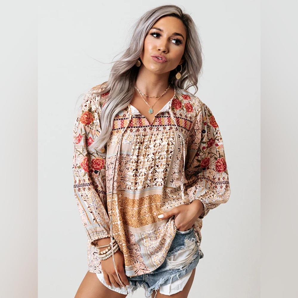 Savanna Jane Patchwork Floral Embroidered Top Sz S